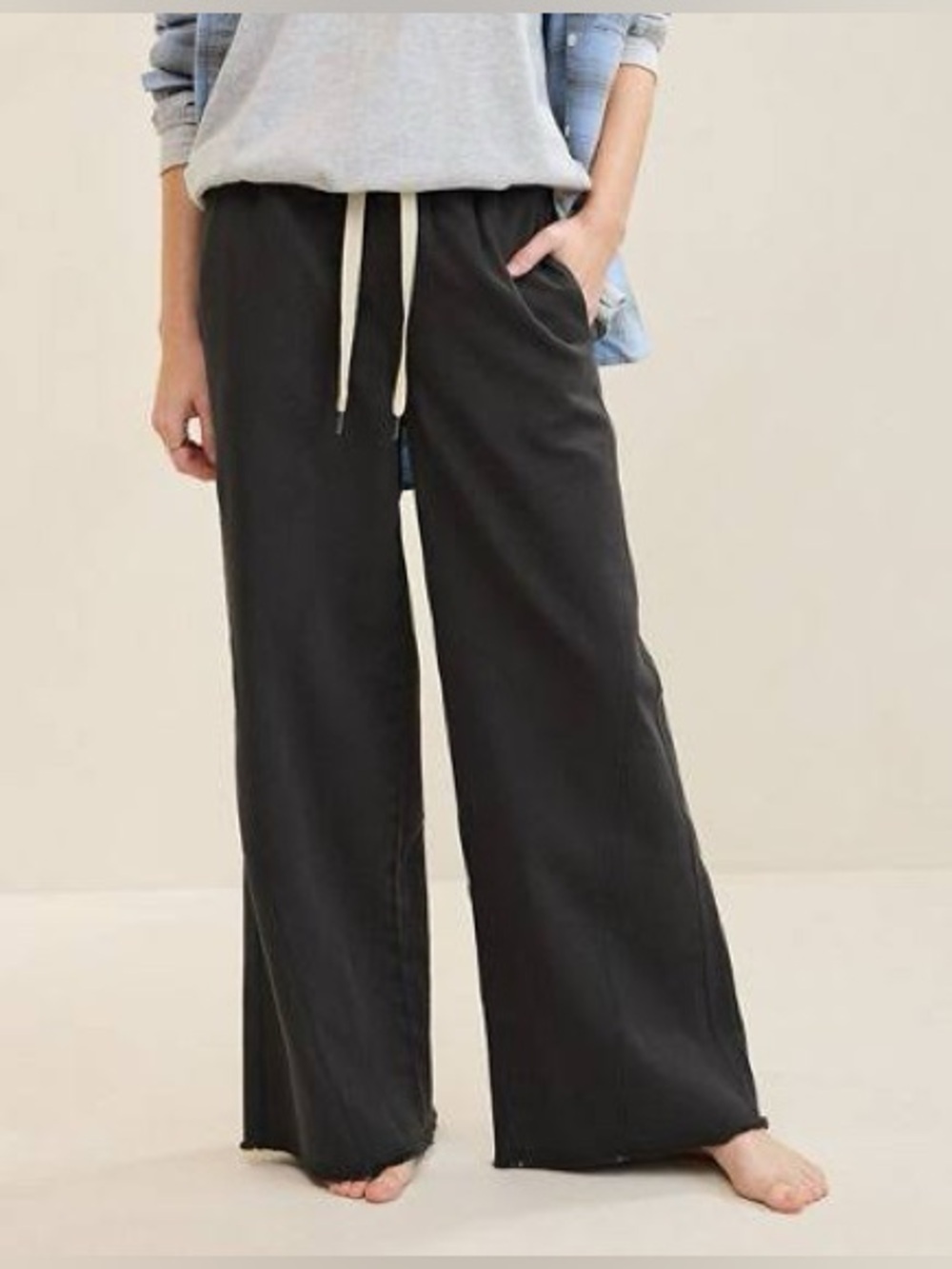aerie Wide-Leg Lounge Pants in Charcoal with Cream Drawcord